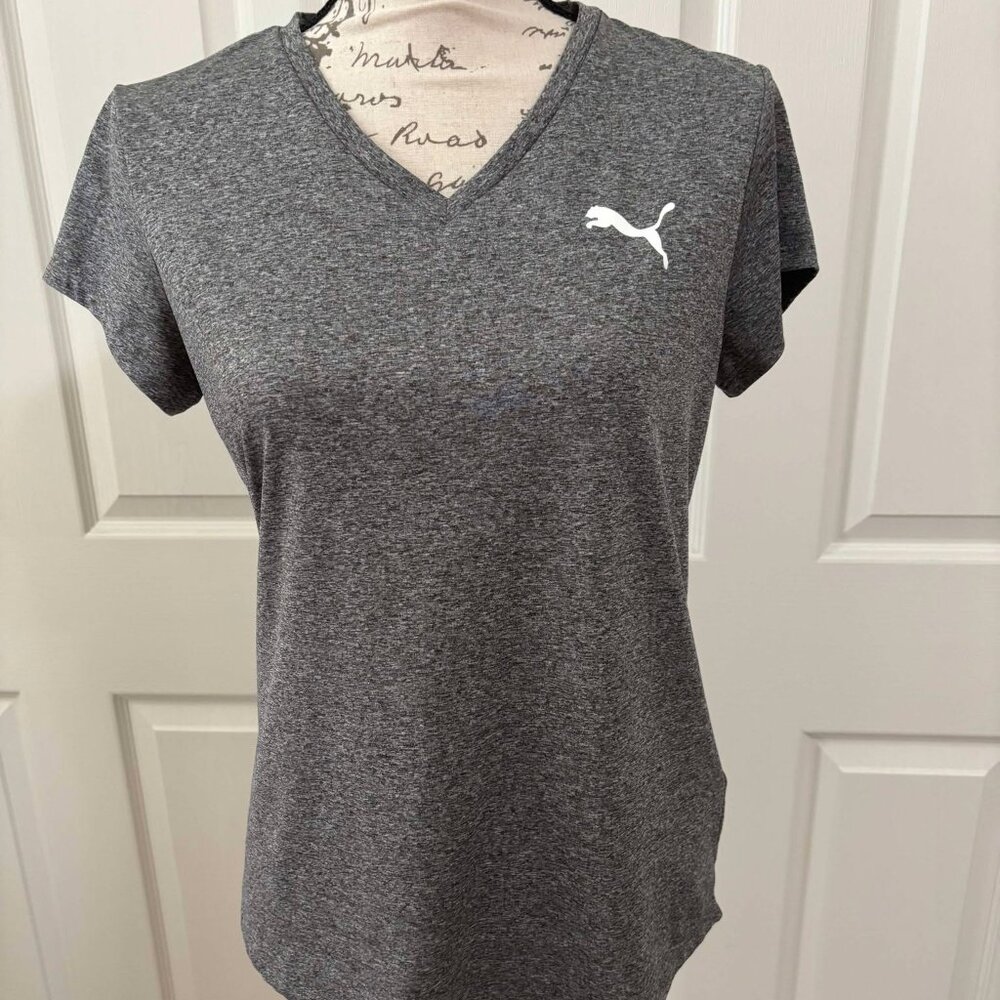 Puma Women's Gray Heather V‑Neck Short Sleeve Tee with White Logo